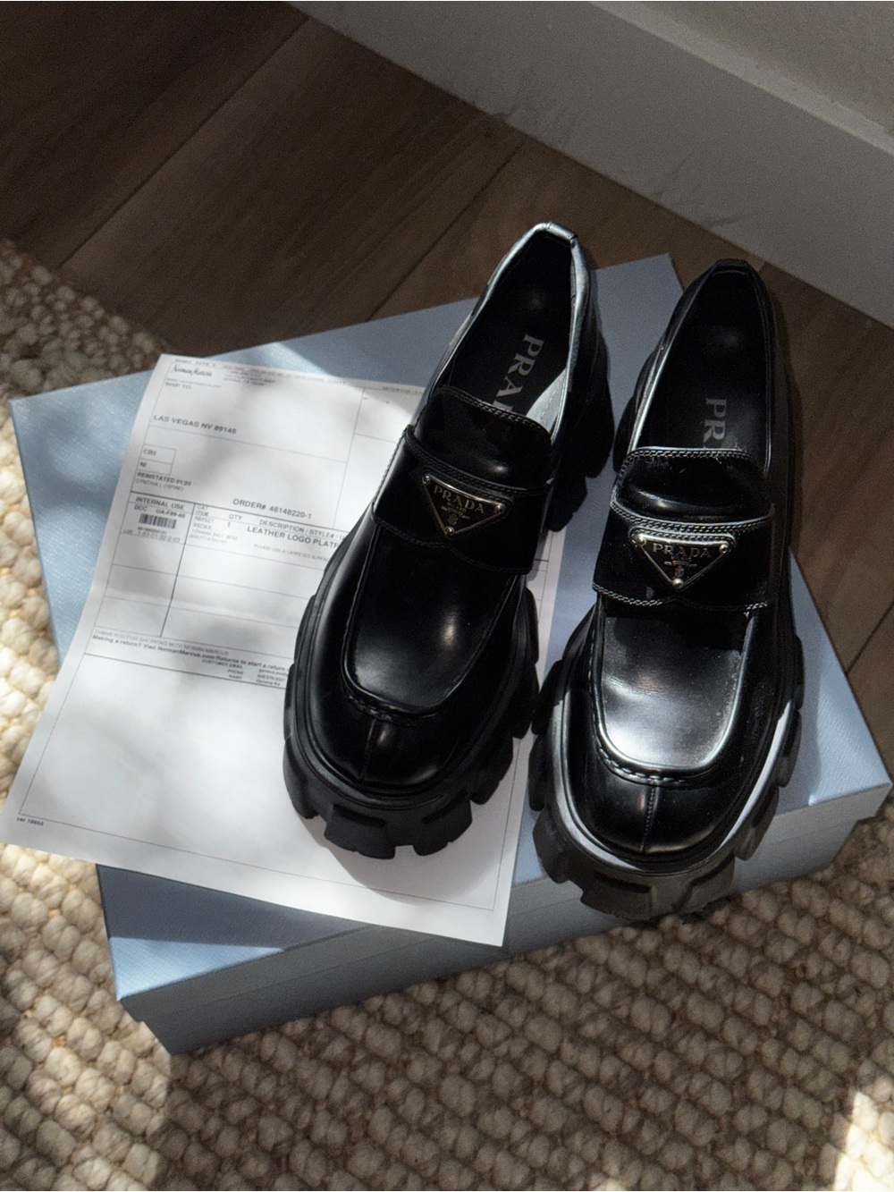 Prada Black Patent Leather Lug Sole Loafer Shoes